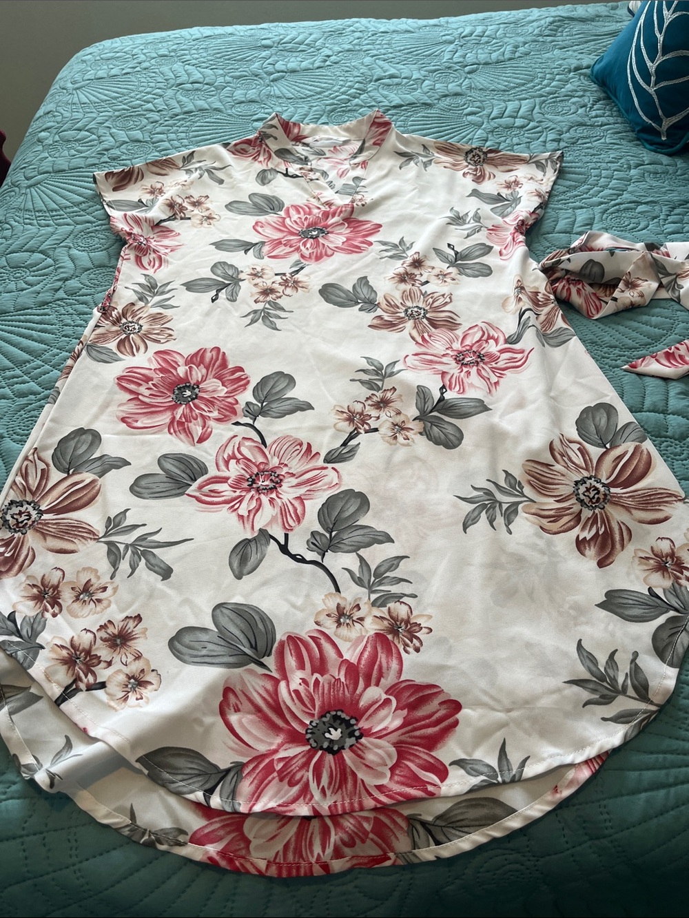 PatPat White Floral Shift Dress with Pink and Gray Blooms